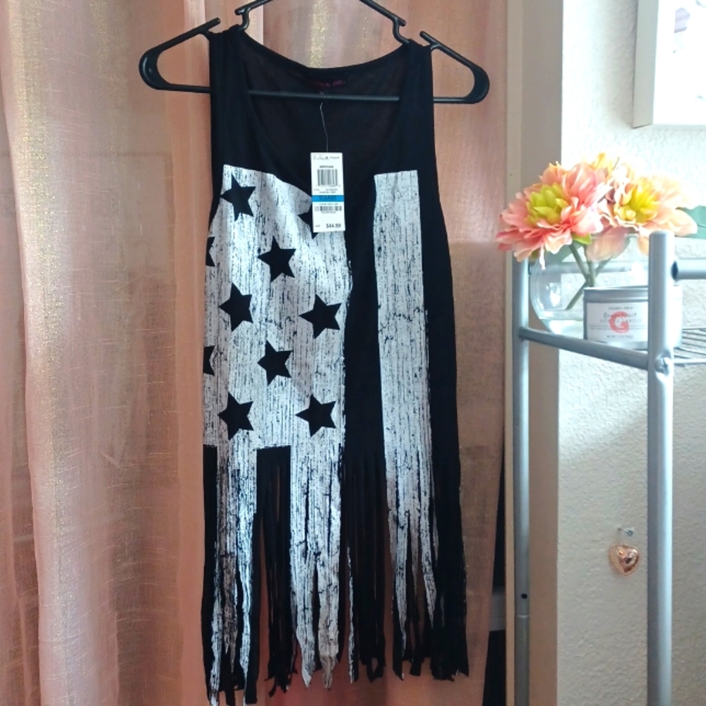 MATERIAL GIRL Sleeveless Flag Tank with Fringe Cut